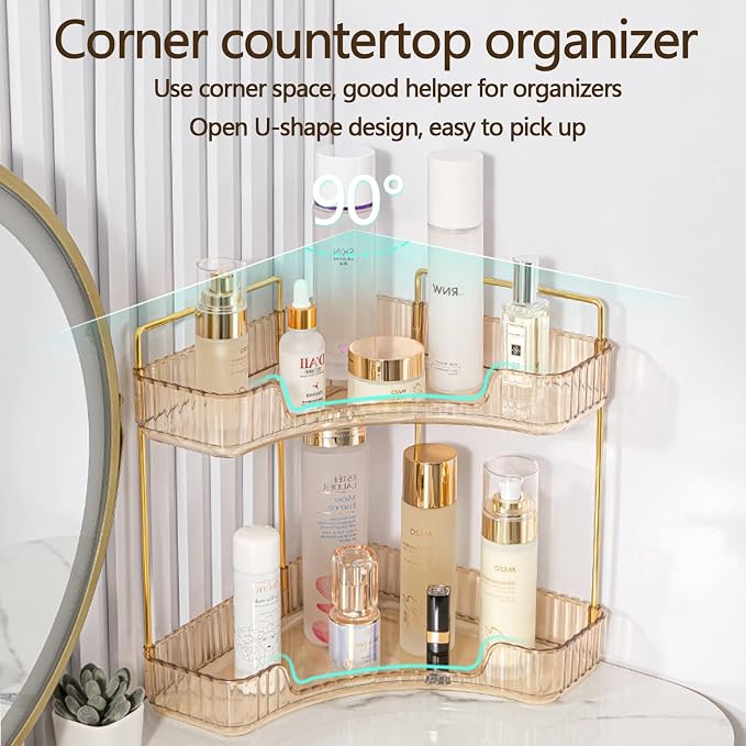 shuang qing 2-Tier Corner Bathroom Counter Organizer – Classic Storage Shelf for Makeup, Perfume & Toiletries, Space-Saving Countertop Tray Fits Bathroom, Dresser, Kitchen (Vintage Gold)