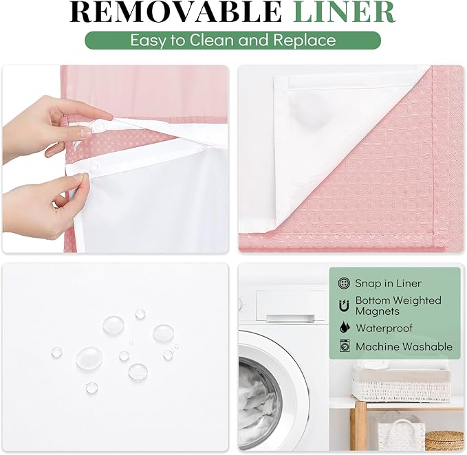 Dynamene 78 Inch Long Shower Curtain, Tall Waffle Fabric Shower Curtains for Bathroom, Hotel Waterproof Cloth Shower Curtain Liner Set with Hooks, Snap in Liner, Mesh Top Window, Pink, 72x78