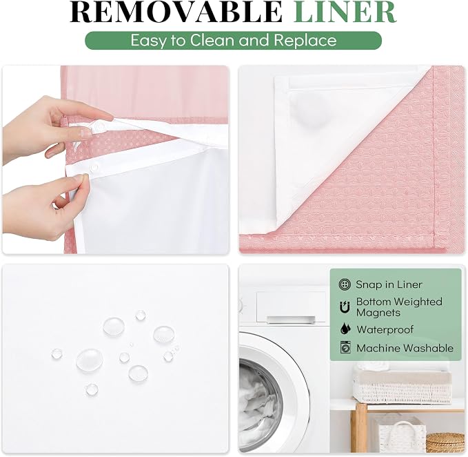 Dynamene Extra Long Shower Curtain, 84 Inch Long Waffle Fabric Shower Curtain for Bathroom, Tall Waterproof Cloth Shower Curtain Liner Set with Hook, Snap in Liner, Mesh Top Window, Pink, 72x84