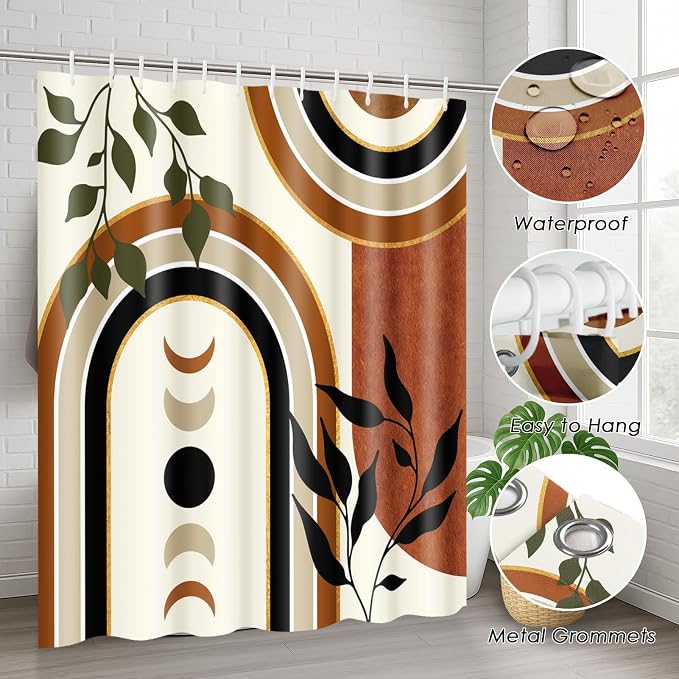 Boho Mid Century Shower Curtain Set with Toilet Lid Cover and Non-Slip Rugs, Cute Aesthetic Abstract Leaves Geometric 4 Pcs Modern Minimalist Shower Curtain for Bathroom Set with 12 Hooks