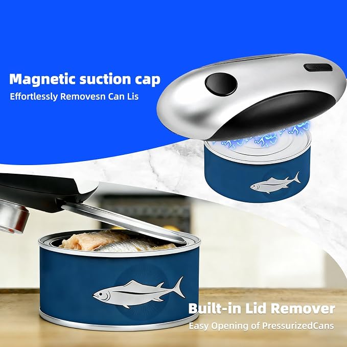 Rechargeable Electric Can Opener, One-Touch, Smooth Edge, USB-C Fast Charge, for Seniors, Silver