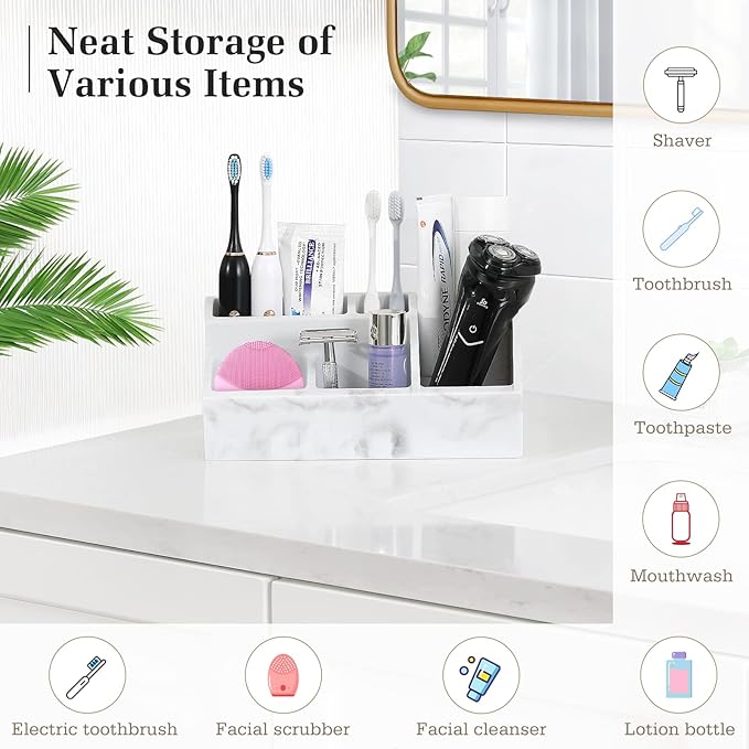 Luxspire Bathroom Counter Organizer, Toothbrush Holder for Bathroom 5 Slot, Large Countertop Organizer Storage Marble Bathroom Accessories for Toothbrush Toothpaste, Gravel White