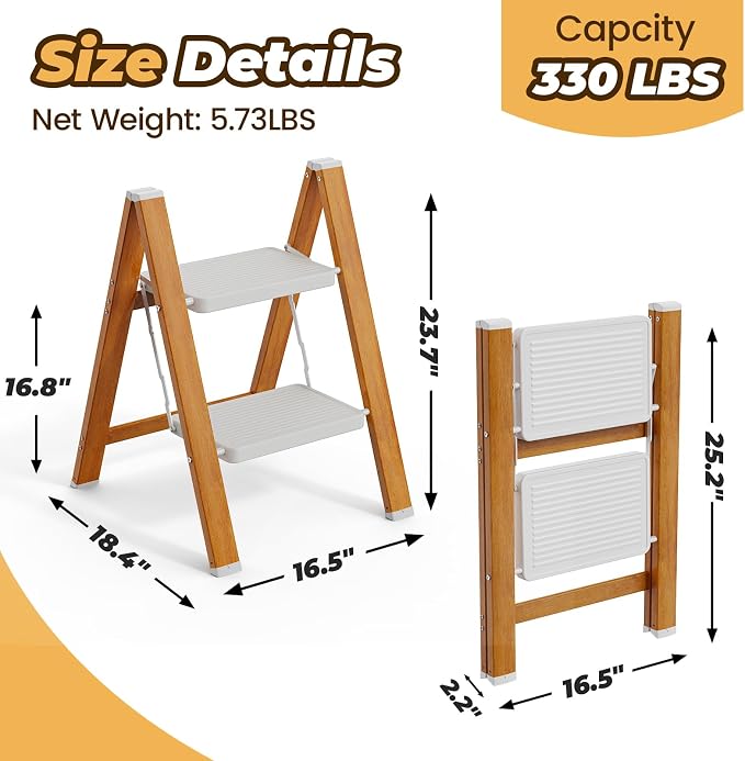 HBTower Step Ladder, Aluminum Foldable Step Stool with Anti-Slip Wide Pedal, Lightweight Step Ladder for Home Kitchen Office - WhiteWoodgrain