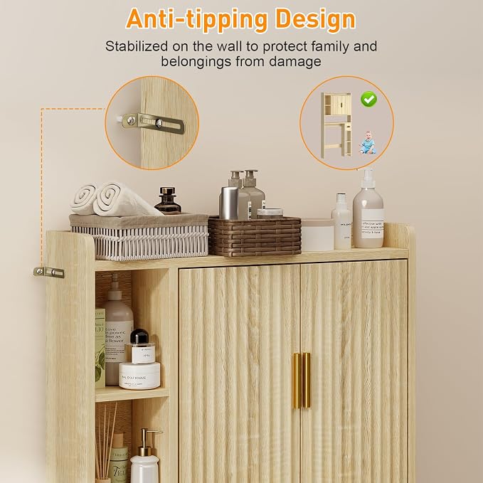 knoworld Fluted Over The Toilet Storage Cabinet, Above Toilet Bathroom Organizer with Toilet Paper Holder, Modern Behind Toilet Cabinet, Space Saver for Restroom, Bathroom, Laundry, Natural Oak