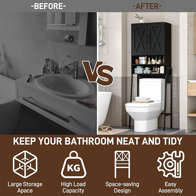 Vabches Over The Toilet Storage Cabinet, Farmhouse Over Toilet Storage Cabinet, Metal Frame with 2 Barn Doors, Home Space-Saving Toilet Rack for Bathroom, Toilet, Laundry Room,Black