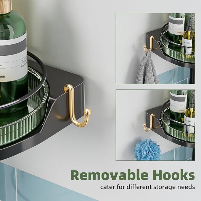 AKINBAS 360° Rotating Shower Caddy Tension Pole with 4-Tier Rustproof Lazy Susan 35-128 Inch No Drilling Coner Shelves Adjustable Shower Rack for Bathroom Bathtub Washbasin Plant Storage (Black+Green)