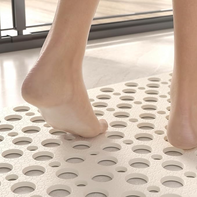 HITSLAM Shower Mat Anti Slip, 21x21 Inch No Odor Soft TPE Bathroom Shower Stall Floor Mat, Square Bath Mat for Tub Non Slip with Suction Cups and Drain Holes, Machine Washable, Soft on Feet, White