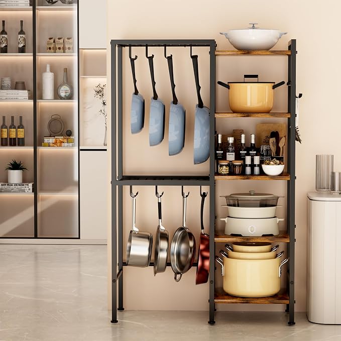 5-Tier Pot and Pan Organizer Rack with Hooks, Heavy-Duty Kitchen Storage Shelf for Cookware, Dishes, and Utensils, Freestanding Metal Pot Rack Organizer for Kitchen, Pantry, or Dining Room