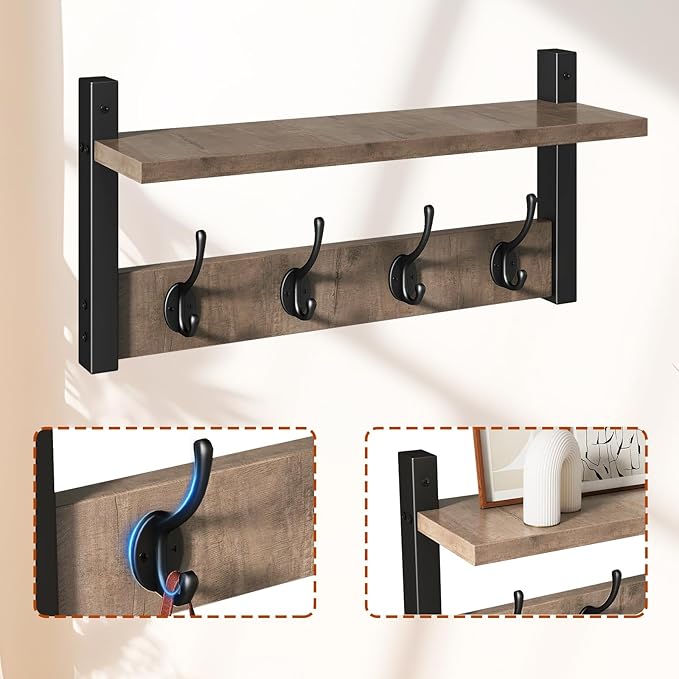YMYNY Coat Rack Shelf Wall Mounted, Coat Hooks Set of 2, Entryway Coat Hanger with 8 Hooks, 31.5" Wall Floating Shelf with Hat Rack, for Kitchen, Bedroom, Bathroom, Silver Gray UHWS001Y-2