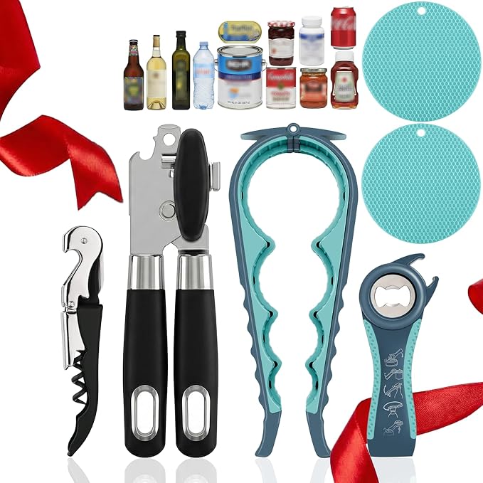 Openers Bundle - 6-Piece Openers Set for Weak Hands - Heavy Duty Stainless Steel Manual Can Opener, 5-in-1 Bottle Opener, Corkscrew & Silicone Grippers - Kitchen Gadgets for Seniors & Arthritis