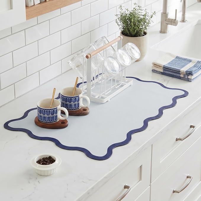 Scalloped Dish Drying Mat for Kitchen Counter, Absorbent Easy Clean Non-slip Coffee Bar Station Accessories, Trendy Cute Aesthetic Modern Drainer Kitchen Drying Mat, Blue 15" x 24"