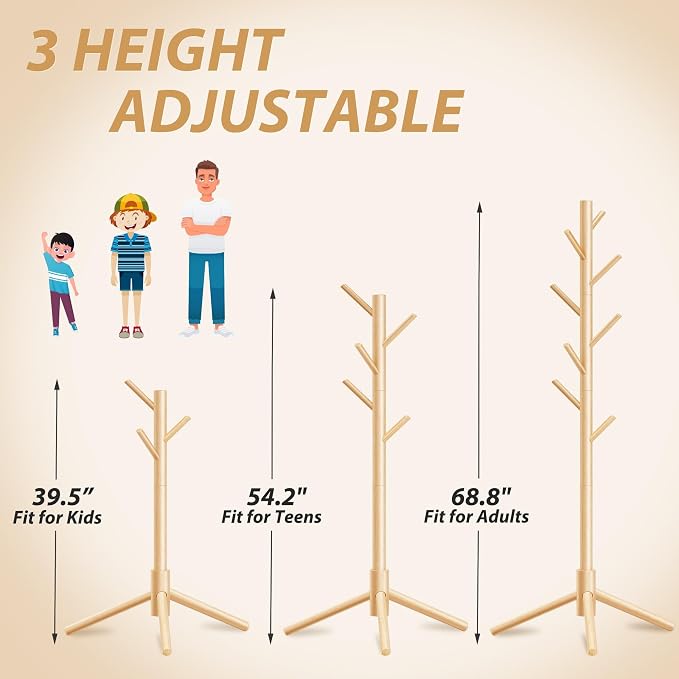 Unisakey Durable Wooden Coat Rack, Freestanding Coat Rack with Stable Triangular Base, 8 Hooks & 3 Adjustable Heights, Simple Assembly for Bedroom, Hallway, Office(New Nature)