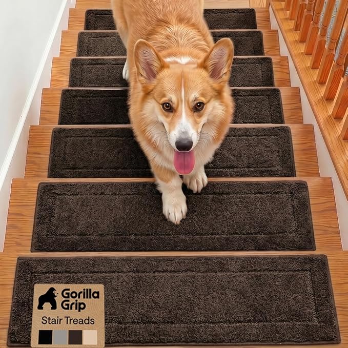 GORILLA GRIP Peel and Stick Stair Treads for Wooden Steps, Multi-Surface Use, Machine Washable Carpet Runners, Indoor Rugs for Stairs, Pet Friendly, Universal Size, 4 Pack Brown, 8x28 Inches