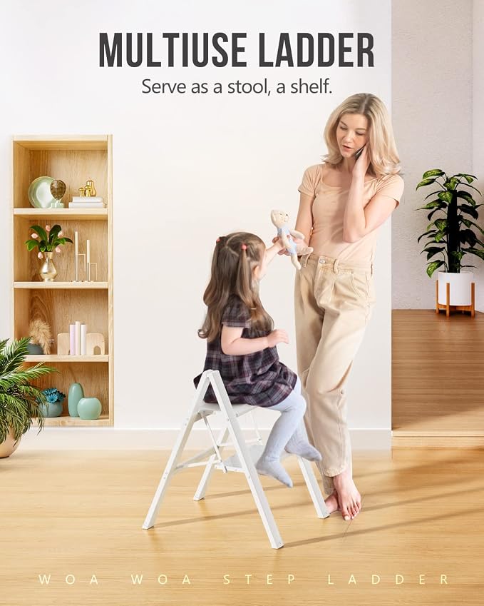 WOA WOA 2 Step Ladder, Foldable Step Stool, Aluminum Lightweight Ladder for Home Kitchen Closet, Anti-Slip Pedals, Ease of Folding, Portable, 300lbs Capacity - White