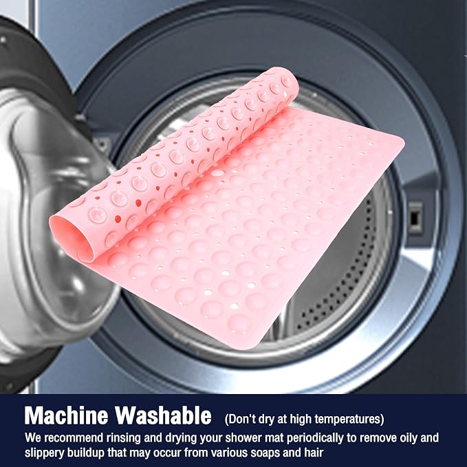 Pink Square Shower Bathtub Mat Non Slip 21x21 Inch, Soft Bath Mat for Inside Shower Tub, Shower Stall Mats for Bathroom Floor with Big Suction Cups Drain Holes, Easy Washable Dry, BPA-Free