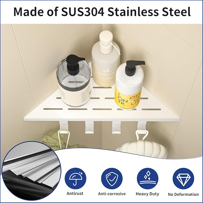 Corner Shower Shelf w/Hooks, Grout in Bathroom Shelves for Tiled Wall, 304 Stainless Steel Recessed Shower Shelf (Matte White, 10''-2pcs)