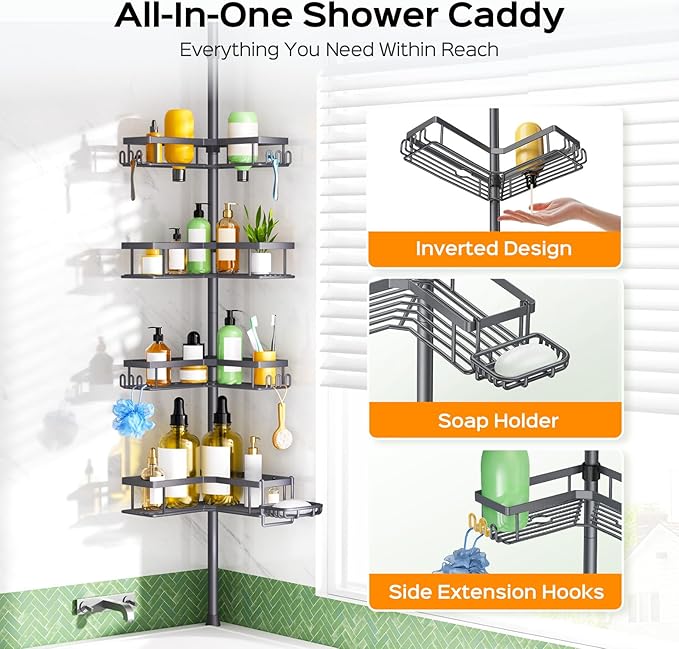 HAMITOR Corner Shower Caddy Tension Pole: 4-Tier Rustproof Bathroom Shampoo Organizer Shelf with Soap Holder - No-Drill Adjustable Standing Tension Pole Rack for Family - 47-123 Inch Gray