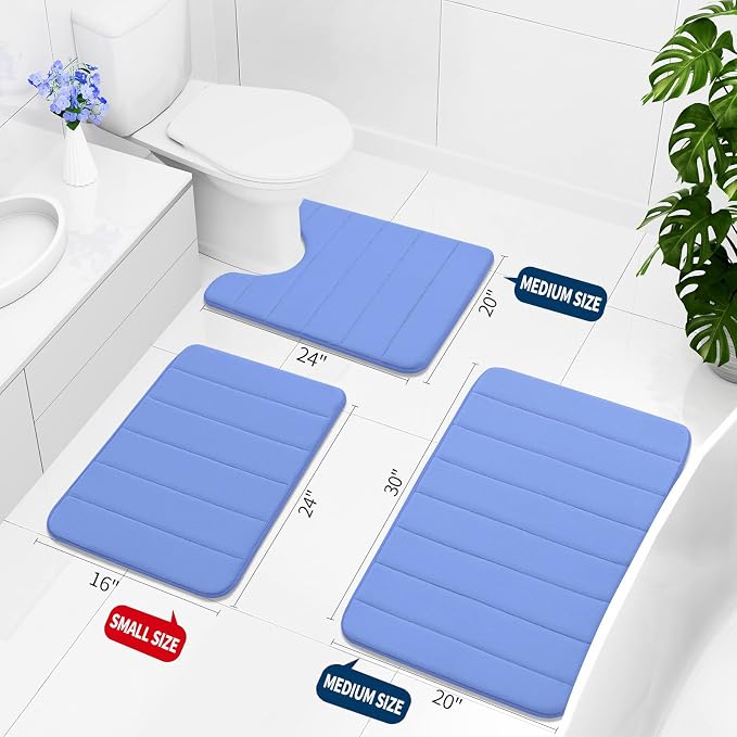 Buganda Memory Foam Bath Mat, 34" x 20", Ultra Soft and Non-Slip Bathroom Rugs, Water Absorbent and Machine Washable Bath Rug for Bathroom, Shower, and Tub, Cornflower Blue