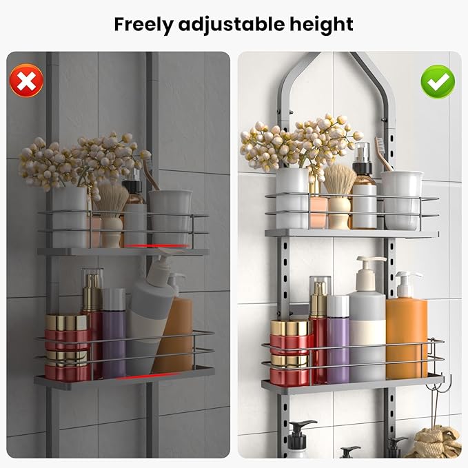 Shower Caddy Hanging (Silver), Adjustable Anti-Swing-Over The Shower Head Caddy, 3 Tier Height Bathroom Storage Organizer, Bathroom Shelves Basket Rack, Shower Caddies Rack with Adjustable Soap Basket