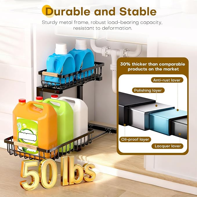 Under Sink Organizer, Heavy-Duty & Rust-Resistant Carbon Steel Metal, 2 Tier Pull Out Under Bathroom Sink Storage, Adjustable Height (13.8" -16.9"), Organizer for Kitchen Cabinet(2PCS,Black)