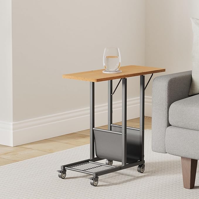 Simple Trending C Shaped End Table, Folding TV Tray Couch Side Table for Sofa on Wheels, Black