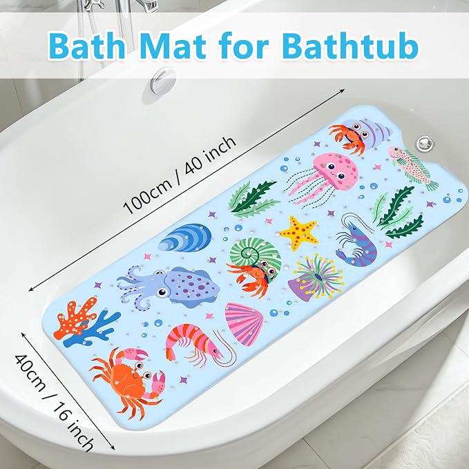 Bath Mats for Tub Kids Baby, Large Cartoon Sea Baby Bathtub Mat Non Slip, Machine Washable, 40"x16" Long Tub Mats with Suction Cups & Drain Holes, Non Slip Baby Shower Mat for Toddler(Sea Animal)