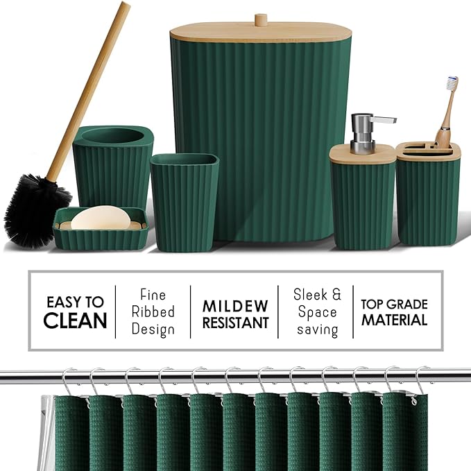 Clara Clark Bathroom Accessories Set - Bathroom Set, Bathroom Accessory Set, Shower Curtain Set, Toilet Brush, Trash Can & Soap Dispenser - Green - 20PC