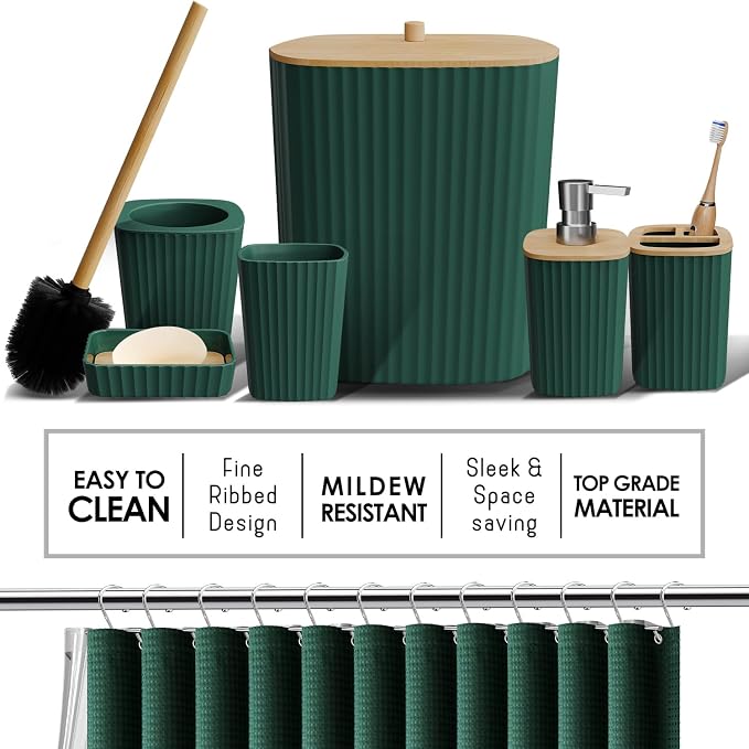 Clara Clark Bathroom Accessories Set - Bathroom Set, Bathroom Sets with Shower Curtain and Rugs, Shower Curtain Set with Bathroom Trash Can - Green - 22PC