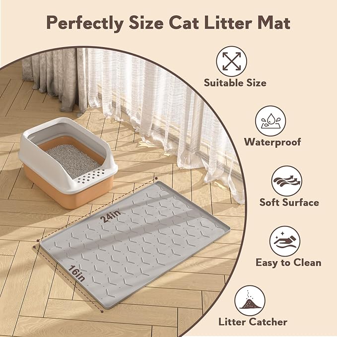 Garoopion Cat Litter Box Mat, Silicone Kitty Litter Mat, 24" X 16" Waterproof Silicone Pad for Floor, Light Gray