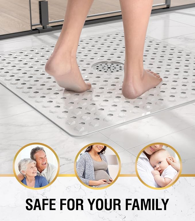 HITSLAM Non Slip Shower Stall Mat with Center Drain Hole, Diamond Textured PVC Bath Mat for Inside Shower, Machine Washable, Strong Suction Cups for Bathroom Bathtub Mat, 24x24 Inch, White