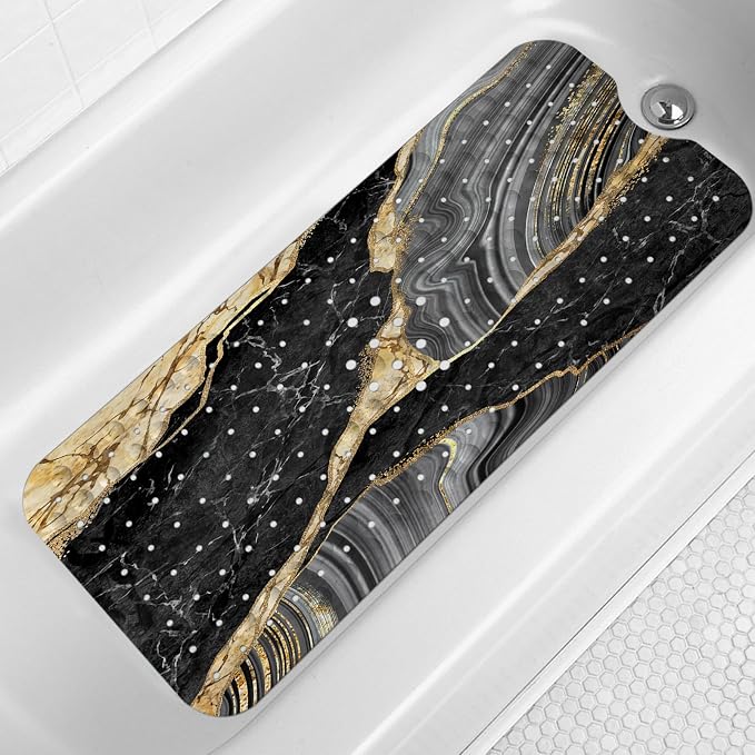 LNOND Marble Bath Tub Mat Non Slip, Extra Long 40 X 16 Inch Anti Slip Mat for Bathtub, Black Gold Luxury Marble Shower Mat with Drain Holes and Suction Cups, Machine Washable