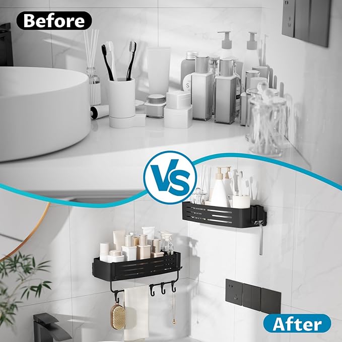 Onemake Shower Caddy Suction Cup,2-Pack Shower Shelf Organizer, Bathroom Suction Shelves with Portable Hooks, Shower Caddies Corner with Towel Bar,Matte Black