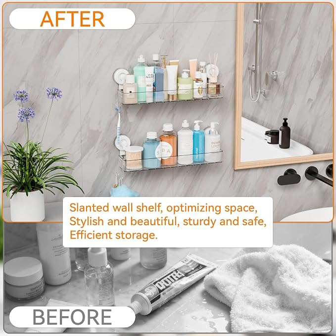 Clear 2 Pack Acrylic Shower Caddy Suction Cup,No Rust Bathroom Organizers and Storage Holder,Plastic Wall Mounted Shower Shelves,Bathtub Storage Organizer,Shampoo and Conditioner Holder for Washroom