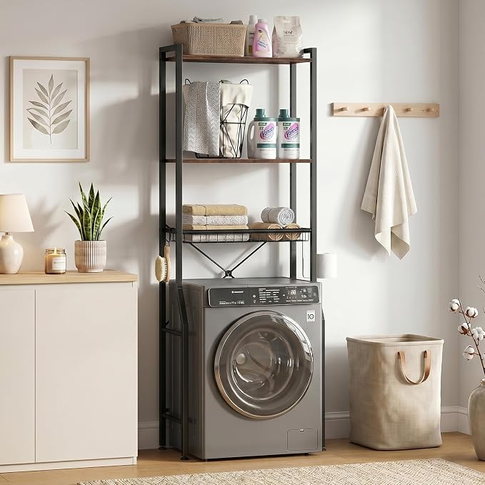 DUMOS Over-The-Toilet Storage Rack, 4-Tier Freestanding Bathroom Organizer Shelf Over Toilets with Adjustable Shelf and Basket, Space Saver Above Toilet Storage Cabinet with 3 Hooks for Rooms, Brown