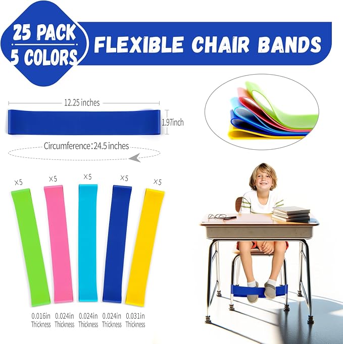 25 Pack Chair Bands for Kids with Fidgety Feet, ADHD Tools for Kids, Improve Focus & Reduce Restlessness, Chair Bands for Sensory ADHD ADD Autism - Classroom & Home Must Haves (Multicolor)