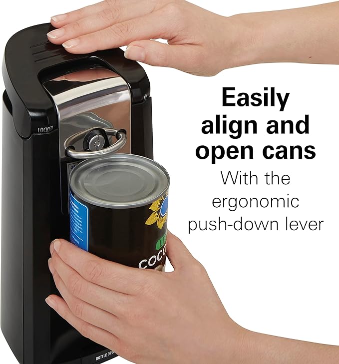 Hamilton Beach Smooth Touch Electric Automatic Can Opener Easy Push Down Lever, For All Standard-Size and Pop-Top, Extra Tall, With Bottle Opening Accessory and Built-In Knife Sharpener, Black