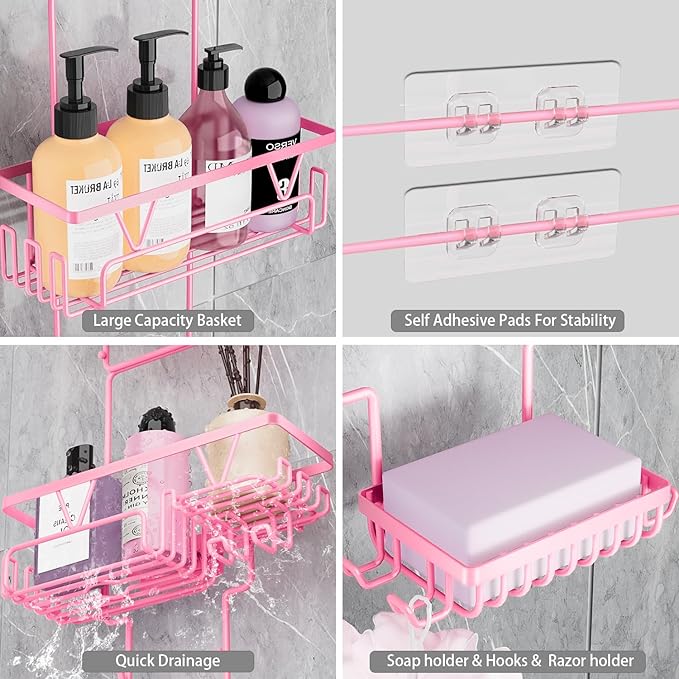 DAOYA Hanging Shower Caddy Over Shower Head, Anti-Swing Shower Organizer For Inside Shower With 2 Soap Holders, Multi Hooks, Rustproof Bathroom Accessories, Pink