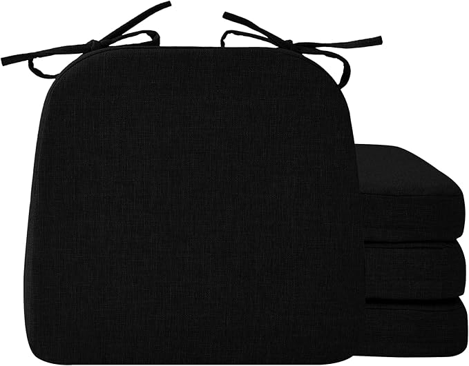 Ruqmuis Chair Cushions for Dining Chairs, 2" Thick Seat Cushions for Kitchen Chairs, D-Shaped Chair Pads with Washable Cover, Ties and Non Slip Backing, 17'' x 16'', Set of 4, Black