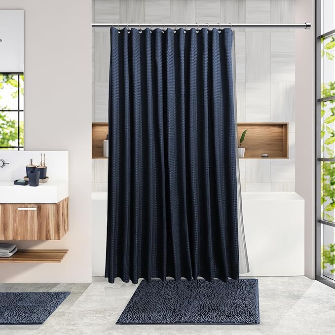 Clara Clark Bathroom Accessories Set - Bathroom Set, Bathroom Accessory Set, Shower Curtain Set, Toilet Brush, Trash Can & Soap Dispenser - Navy - 20PC