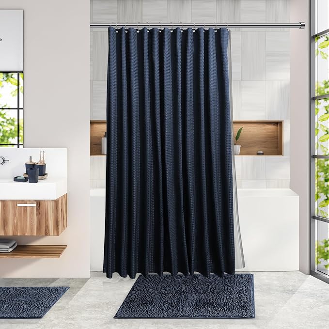Clara Clark Bathroom Accessories Set - Bathroom Set with Adhesive Corner Shower Caddy Hanging, 25PC Bathroom Accessory Set, Navy Blue Shower Curtain Set, Toilet Brush, Trash Can & Soap Dispenser