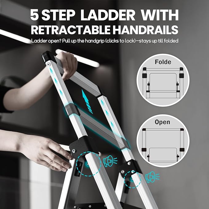 XinSunho 4 Step Ladder, Aluminum Folding Stool with Retractable Handrails & Tool Tray, Anti-Slip, Sturdy Lightweight, 330lbs Safety for Kitchen Indoor Outdoor