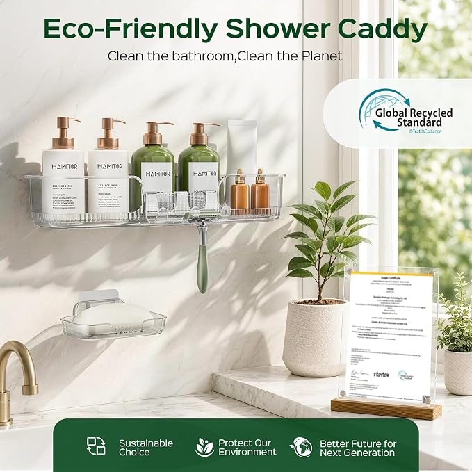 HAMITOR Adhesive Shower Caddy for Bathroom：2 Pack Clear Bath Shelves No Drilling for Modern Renters & Home Decor - Rustproof Acrylic Shower Organizer for Bathroom Storage
