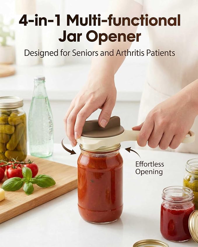 Jar Opener – 4-in-1 Adjustable Stainless Steel Secure Grip Lid Remover for Jars, Bottles & Cans, Multifunctional Kitchen Tool
