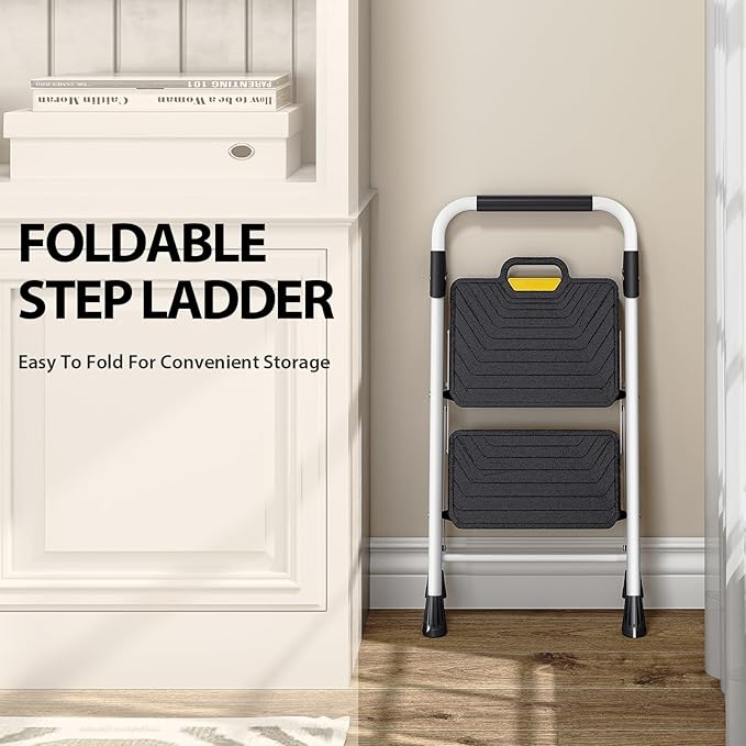 TOOLF 2 Step Ladder, Sturdy Steel Step Stool with Anti-Slip Wide Pedals, Handrail, Safe-Lock Design, Folding Portable Ladder for Multi-Purpose, Home, Kitchen, Pass 800lbs Load Testing, White