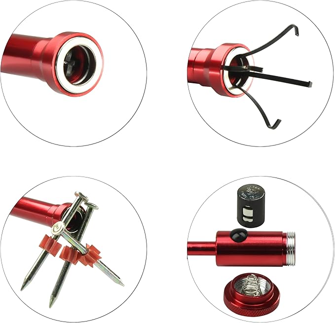 Flexible Claw Pickup Tool with Magnet Tool Flexible telescoping Claw led Light Grabber Extend，Long 28'' Four Claw 4-Claw for Small Parts Pickup Reacher Tool for Mechanics,Jewelry,Kids,etc. (Red)