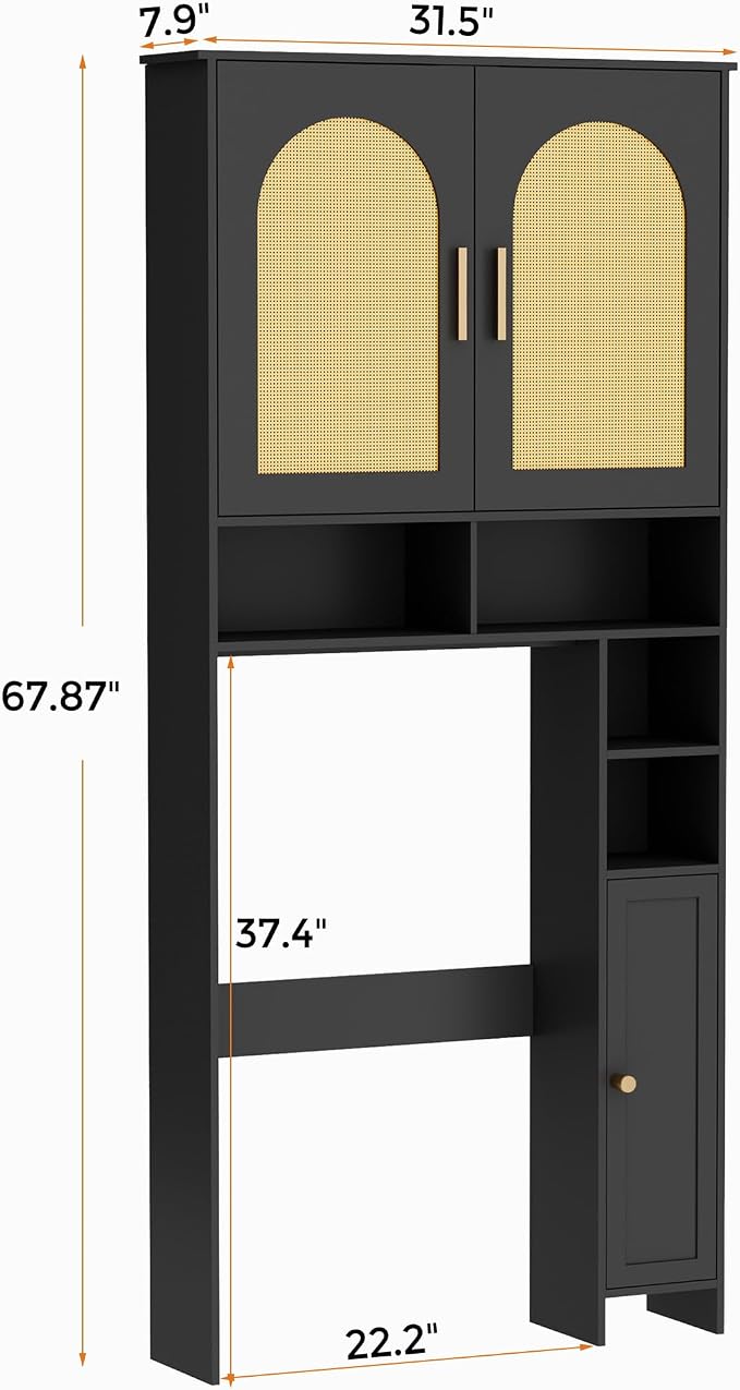 Homhedy 67" H Over The Toilet Storage Cabinet, Bathroom Organizer with Rattan Decorated Doors, Adjustable Shelves, Toilet Paper Holder, Space-Saving Bathroom Shelf for Small Spaces, Natural and Black