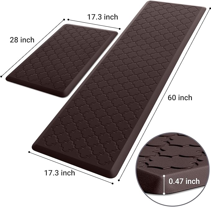 Kitchen Mat [2 PCS] Cushioned Anti-Fatigue Floor Mat Water Resistant Non-Skid Kitchen Mats and Rugs Ergonomic Comfort Foam Kitchen Rugs Standing Mat for Floor Office Sink Chocolate,17.3"x28"+17.3"x60"