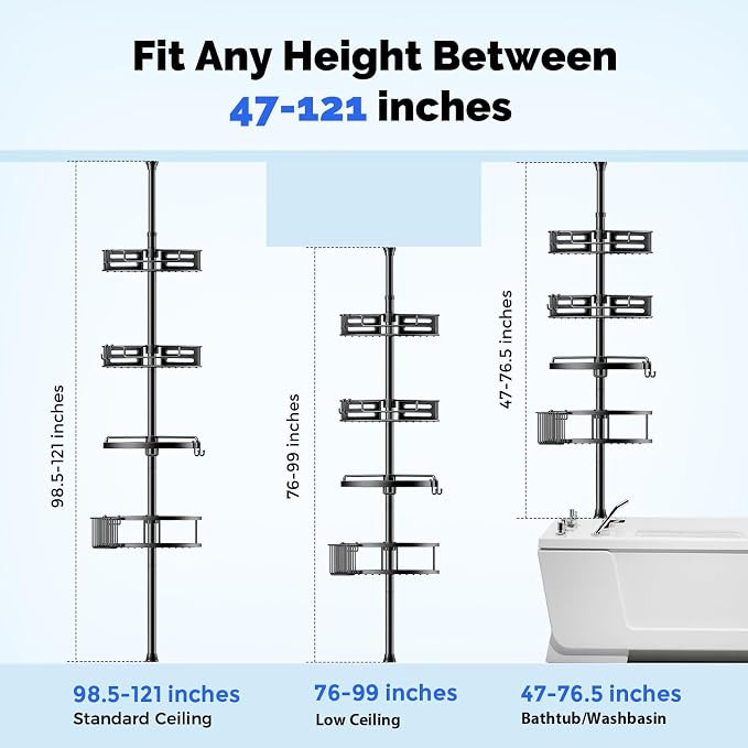 HAMITOR Corner Shower Caddy Tension Pole: Quick Installation 4-Tier Rustproof Bathroom Organizer Shelves for Bathtub Shampoo Storage - 47-121 inch Adjustable Floor Standing Bath Rack Holder - Black