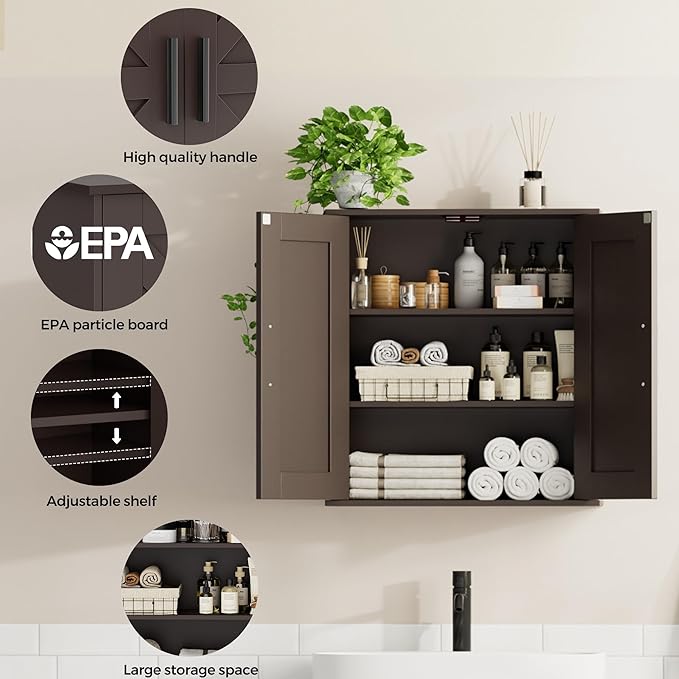 Homleke Bathroom Wall Cabinet, Over Toilet Storage Cabinet with Barn Doors and Adjustable Shelves, 3-Tier Medicine Cabinet Wall Mounted, for Bathroom, Kitchen, Entryway, Laundry Room, Brown, (7.9" D)