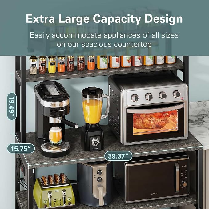 Denkee Large Bakers Rack with Power Outlets, 38 Inch Microwave Stand with Storage, 5-Tier Coffee Bar Stand, Industrial Kitchen Shelf Rack, Grey